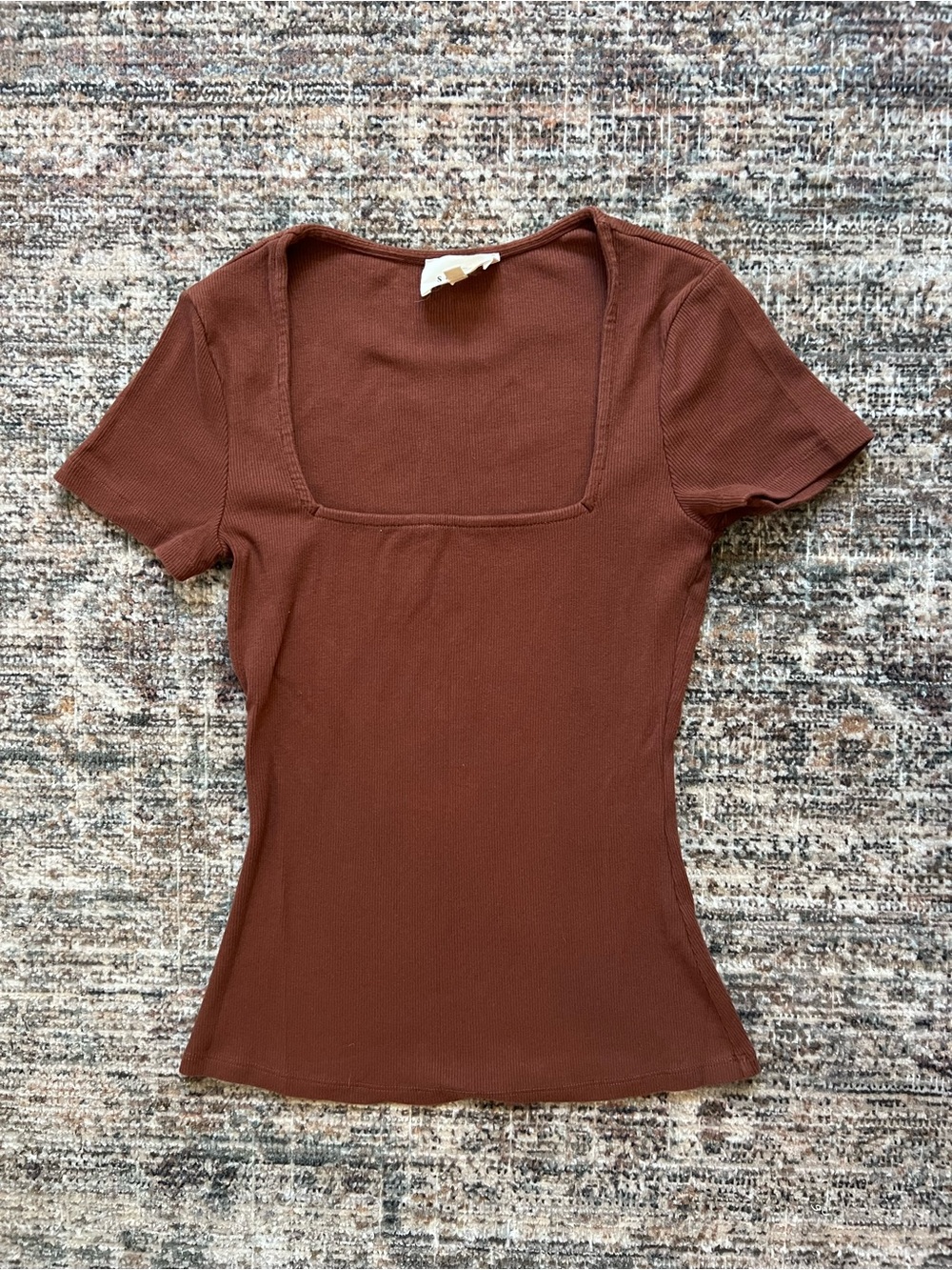 Sézane Amara T-Shirt Brown Ribbed Square Neck Fitted Short Sleeve Tee XS